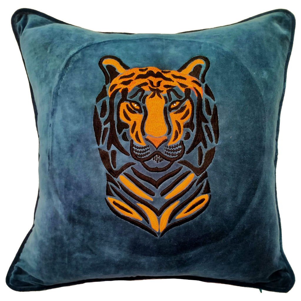 Embroidered Velvet Cushion - Steel Blue Tiger