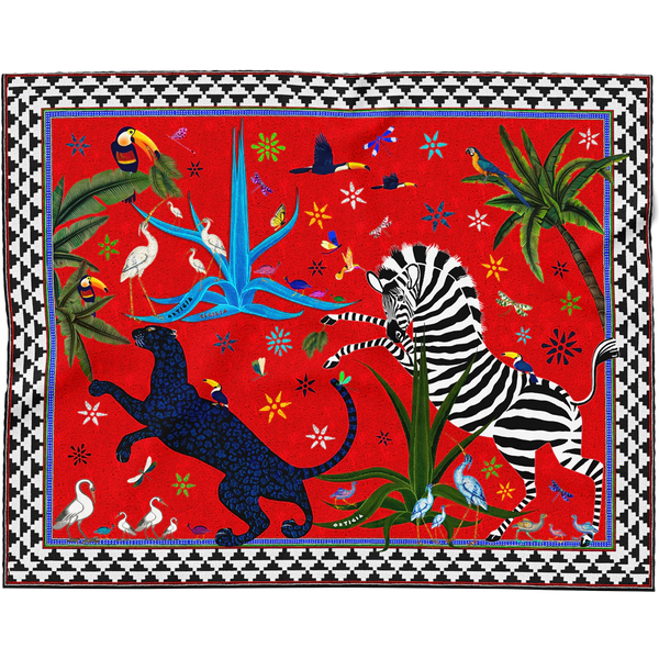 Decorative scarf with panther, zebra, and tropical plants on a red background