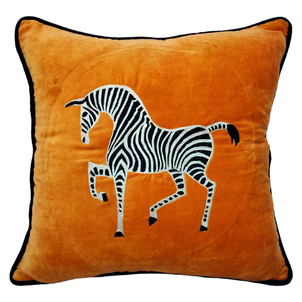Embroidered Velvet Cushion - Amber Zebra