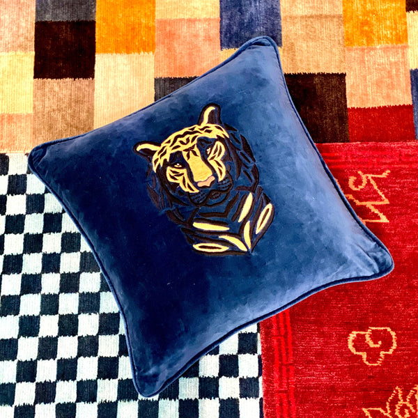 Embroidered Velvet Cushion - Steel Blue Tiger