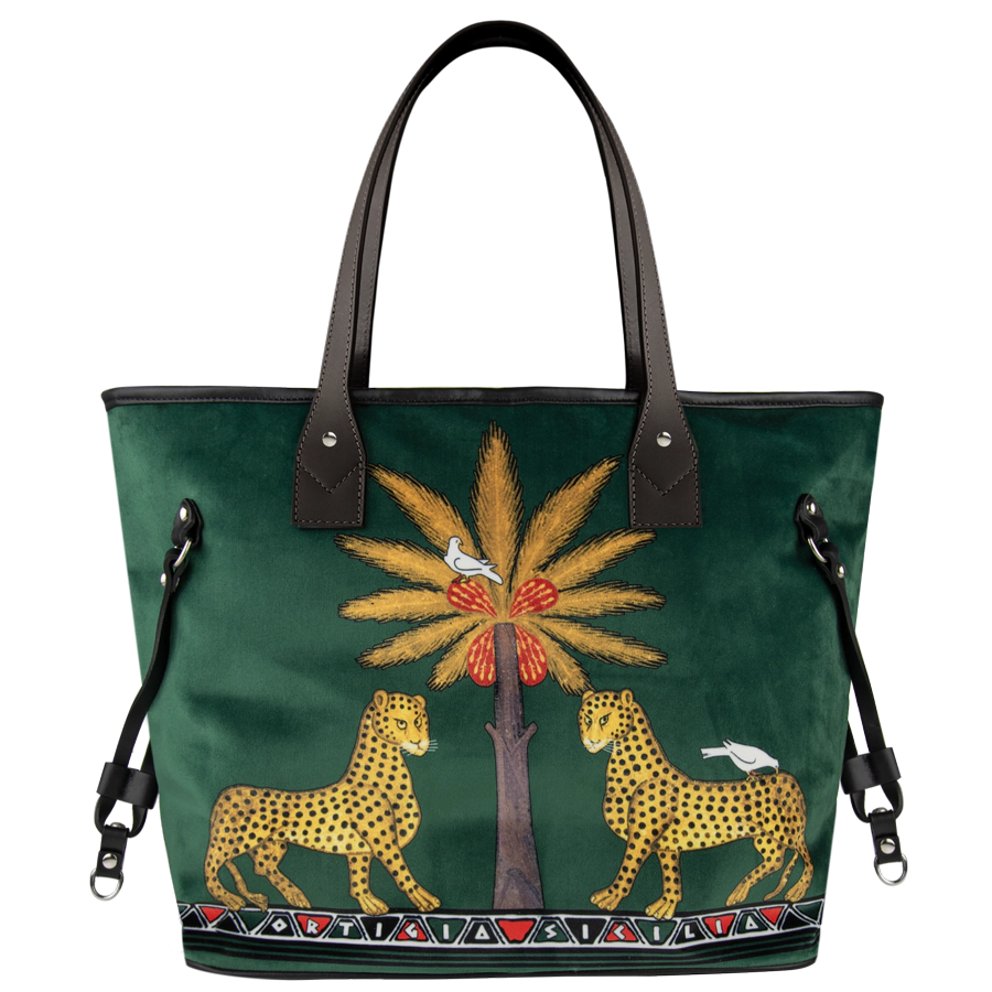 Ortigia Velvet Tote Gattopardo - Green Jewel
