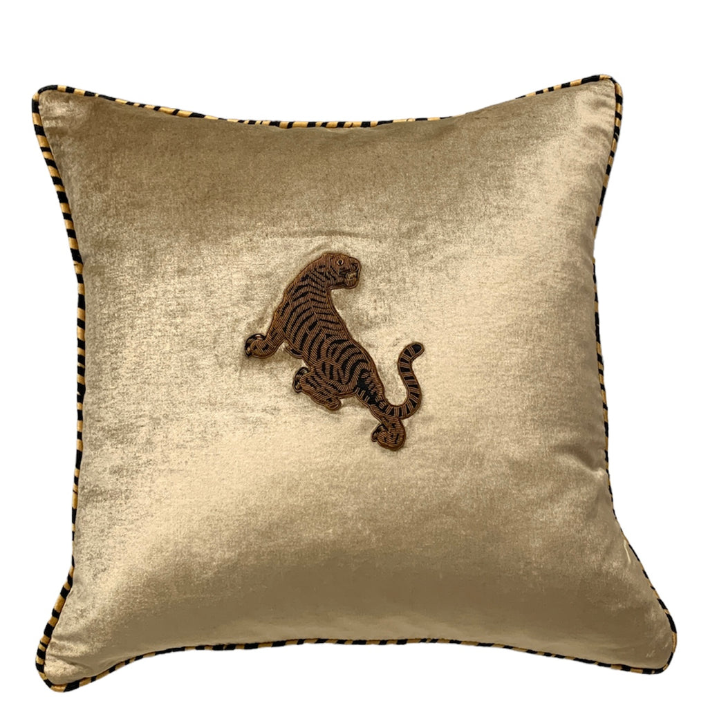 Velvet Tiger Cushion - Gold