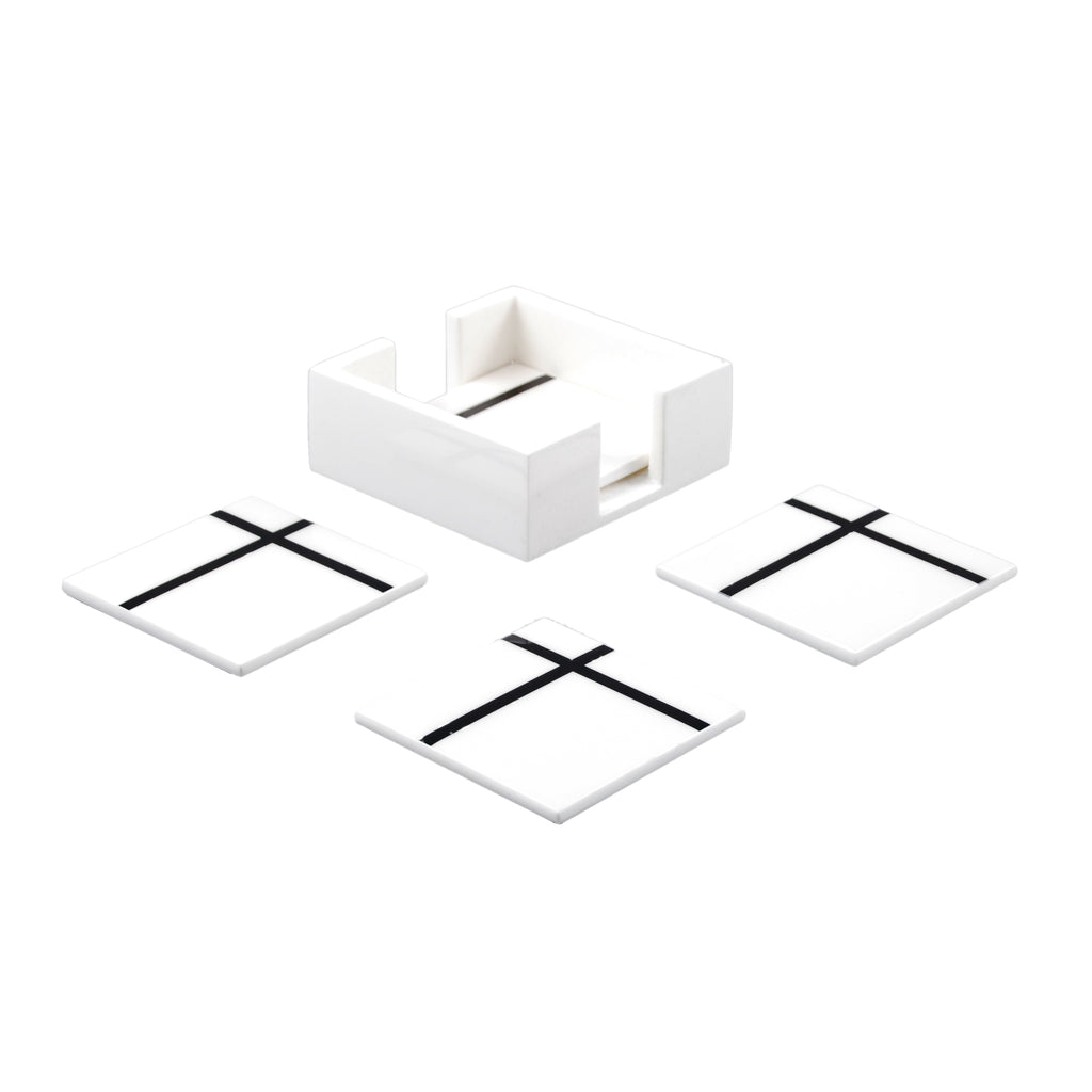 Lacquer Coaster Set of 4 - White + Black Grid